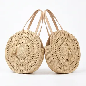 Natural Raffia Woven Solid Color Spiral Pattern Tote Bag Two <b>Strap</b> <b>Shoulder</b> Handbag Tassel Closure for Beach Travel Daily Use - Product Image 4