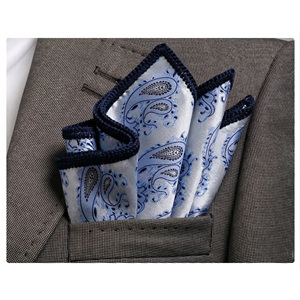Handmade Knitted <b>Edge</b> Signature Border Pocket <b>Square</b> Silver Blue Paisley Design for Blazers Suits for Dining Formal Occasions - Product Image 1