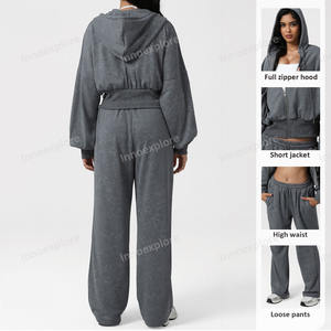 ملابس نسائية من قطعتين بدلة رياضية من القطن واسعة الأكمام بسحاب مع بنطال رياضي واسع الساق - Product Image 2