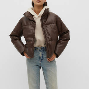 Chaqueta de cuero marrón oscuro personalizada Puffer, abrigo de invierno bordado transpirable de talla grande para mujer, moda 2023 - Product Image 3