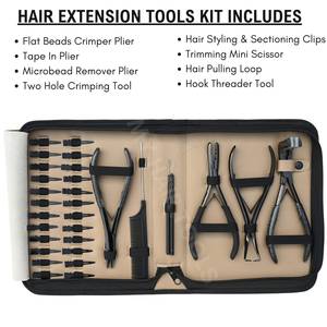 Salon Grade Hair Extension <b>Tools</b> Kit with Tape Pressing Plier Two Hole Micro Bead Crimping Remover Opener Sectioning Clips - Product Image 2
