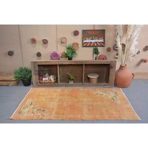 Tapis turc vintage 3,4 x 6,6 pieds, motif patchwork orange, en laine, latex, salle à manger, rectangulaire, écologique, poils moyens - Product Image 1