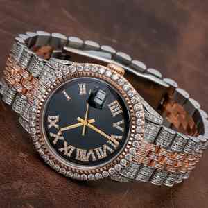 นาฬิกาข้อมือสายหนังประดับเพชรโมอิสซาไนต์สองสี คุณภาพพรีเมียม ตัวเลขโรมันสีดำ ฝังเพชรเต็มเรือน ระบบอัตโนมัติ ดีไซน์หรูหรา - Product Image 3