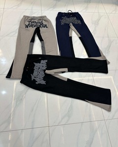 Pantalones de chándal acampanados de cintura con cordón pesado de felpa francesa lavados con ácido para cortar y coser diamantes de imitación personalizados - Product Image 4