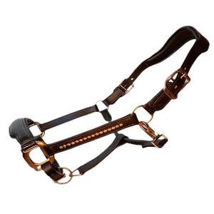 Licou de cheval en cuir décoratif de luxe marron havane avec cristaux rembourrés doux bling avec matériel réglable en or rose de qualité supérieure - Product Image 2