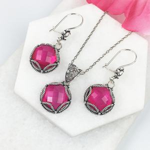 Elegant 925 Sterling Silver Women's Jewelry Set Pink Quartz Pendant <b>Earrings</b> Artisan Made for Parties Engagement Anniversary - Product Image 5
