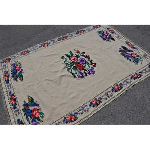 พรมขนสัตว์ตุรกีสีเบจ4.6 x 6.7ft คลาสสิกดีไซน์แบบเย็บปะติดปะต่อกันสำหรับห้องนั่งเล่นห้องนอนสี่เหลี่ยมพรมยาง - Product Image 4