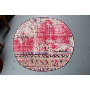 พรมขนสัตว์3.5ft x 3.5ft วินเทจสีแดงสีเบจเย็บปะติดปะต่อกันพื้นที่ขนาดใหญ่ที่มียางหนุนหลัง10มม. สำหรับการออกแบบนามธรรมสี่เหลี่ยมทางเข้า - Product Image 1