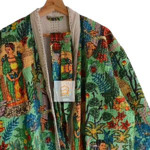 Albornoz Kantha con estampado de bloque de mano de algodón indio, Kimono Floral con estampado de algodón, albornoz envolvente - Product Image 2