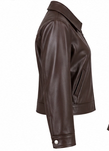 Chaqueta de Motociclista Corta de Cuero Genuino Marrón para Mujer, con Cuello Camisero y Cierre de Cremallera - Product Image 4