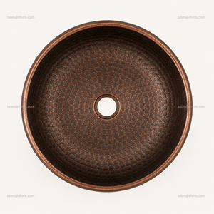 DIVRIS Lavabo en cuivre martelé fait main, rond, à cuve unique, à poser sur comptoir, finition mate rustique avec robinet à valve en laiton DRC-2024 - Product Image 3