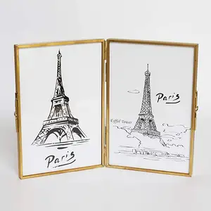 Cornice in vetro trasparente a doppia faccia vecchia scuola in stile libro per foto in ottone per fiori e foto decorativi pressati - Product Image 1