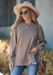 Femmes surdimensionné léger pull sweat 2025 mode doux col rond côté fente fermeture éclair à manches longues haut pour l'automne/hiver - Product Image 6