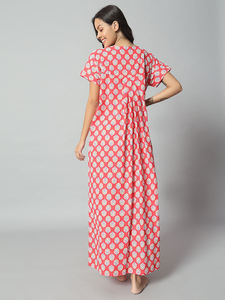 Chemise de nuit de maternité en dentelle 100% coton pour femmes, manches courtes, longueur totale, tissu respirant, col imprimé géométrique, élégante, été - Product Image 5