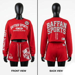 Conjunto de top corto y pantalones cortos rojos de algodón polar premium de 320 GSM con estampado en serigrafía, estampado en relieve, parche bordado y logotipo personalizado. - Product Image 6