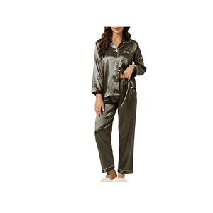Ensemble de pyjama de salon boutonné en satin respirant pour femmes vêtements de nuit doux avec motif solide pour l'été automne printemps - Product Image 1
