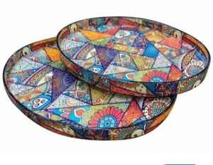 Serving <b>Tray</b> Laser Cut Designer Print Enamel Coated Round Iron Metal Decorative Pichwai <b>Tray</b> Home Promotional Gifts Low Price - Product Image 1