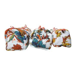 Ensemble de 3 trousses de toilette en coton écologique faites à la main, fermeture éclair tendance, pochette de toilette légère, matelassée, imprimé à la main - Product Image 2