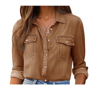 เสื้อเชิ้ตเดนิมดีไซน์ล่าสุดสำหรับผู้หญิง พร้อมบริการ OEM เสื้อผ้าแนวใหม่สำหรับกิจกรรมกลางแจ้ง ระบายอากาศได้ดี สีพื้น เสื้อเชิ้ตเดนิมสำหรับผู้หญิง - Product Image 5