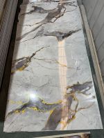 Panneau mural en PVC brillant MORLENX gris brun veiné or, imitation marbre UV, pour la décoration intérieure d'hôtels et de villas