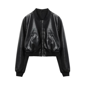 Abrigo de cuero negro corto para mujer, chaqueta Bomber de piel de oveja sintética a la moda callejera con cuello levantado, relleno de algodón de lona transpirable - Product Image 2