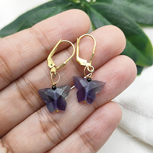 Mariposa tallada piedra preciosa fluorita palanca trasera pendientes chapado en oro alambre envuelto moda plata esterlina joyería pendiente - Product Image 3