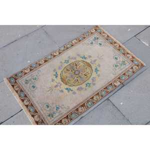 Turkish Vintage Small Rug 1.9x3.1 ft, <b>Brown</b> Blue Striped <b>Wool</b> Rug - Product Image 3