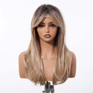 Melanie-DWY High Quality Premium Synthetic Lace Front Long Straight Layered Glueless <b>Wig</b> Transparent Lace Small Cap Bangs Blonde - Product Image 4