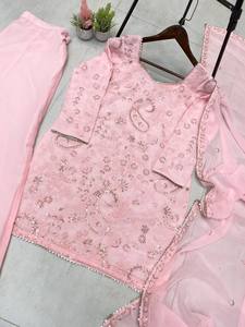 Traditionnel ethnique indien pakistanais Salwar Kameez ensemble Georgette séquence travail entièrement cousu séchage rapide toutes les saisons pour la fête - Product Image 4