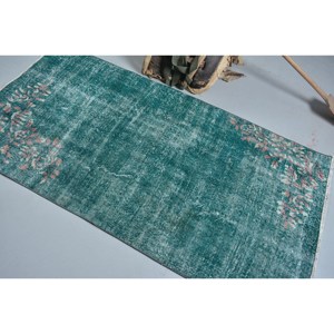 Vintage 3ft 4in X 6ft 5in tapis en laine turque vert et rose Patchwork tissage plat pour les décorations de salon avec support en Latex - Product Image 4