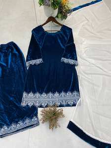 Luxury Modest Quick Dry Party Dress <b>Gauze</b> Sequins Design Satin <b>Fabric</b> Stand Collar Regular Fit Plus Size Velvet Salwar Kameez - Product Image 4