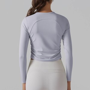 2025 Camiseta de manga larga elástica suave para mujer, camisetas cortas de Color sólido con cuello redondo, camiseta de entrenamiento de Yoga ajustada, estilo Fitness - Product Image 5