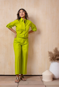 Ensemble chemise et pantalon en coton vert lime pour femmes, chemise ample en coton uni vert lime et pantalon large, ensemble coordonné - Product Image 3