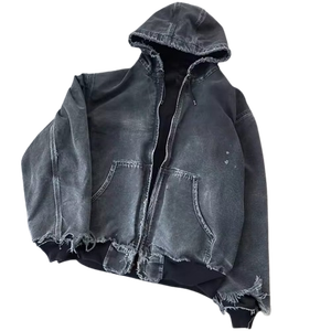 Meilleur service OEM Fabricant de logo personnalisé 100% coton Sweats à capuche lourds pour hommes Acid Washed Distressed Zipper Hoodie à vendre - Product Image 3