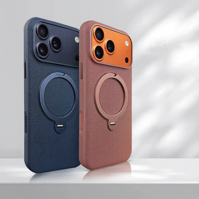 Woven Texture Magnetic Case for iPhone 17 16 15 Pro Max, 360° Rotatable Kickstand Shockproof Cover Premium Fabric Luxury