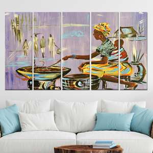 Decoración auténtica nigeriana: cuadro impreso sobre lienzo de una mujer africana cocinando, lienzo enrollado en 5 piezas - Product Image 1