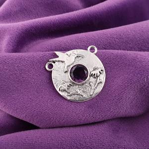 Médaille pièce Colibri style vintage avec pierre précieuse améthyste violette taille ronde, plaqué argent 925, bijoux pour cérémonies nuptiales - Product Image 2