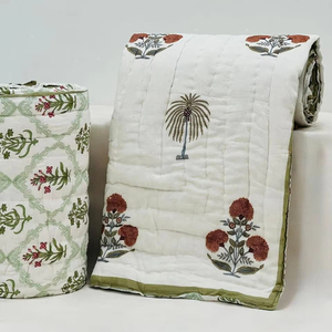 Handmade <b>Indian</b> Kantha Reversible Quilt Luxury Cotton Bed Cover Comforter with Hand Block Print Breathable Jaipuri <b>Throw</b> Blanket - Product Image 1