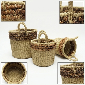 Natural Water Hyacinth Recycled <b>Plastic</b> Storage <b>Basket</b> Set Brown Beaded Rim Arch Handle Pot Planter Setup Pure Art Design - Product Image 2