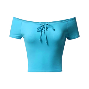 Hauts d'entraînement à manches courtes pour femmes de couleur rouge pour femmes respirants et fiables avec col large haut en coton décontracté. - Product Image 4