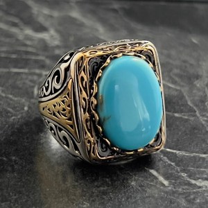 Anillo de Oro Amarillo de 14K para Hombre con Turquesa Azul Ovalada, Anillo Hecho a Mano con Piedra Azul Brillante, Plata de Ley 925, Diseño Antiguo - Product Image 1