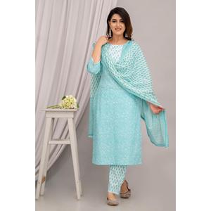 ชุดกระโปรงทรงเอไลน์พิมพ์ลายดอกไม้สีฟ้าอ่อนของผู้หญิงพร้อมกางเกงและ dupatta ที่มีดีไซน์แอก - Product Image 6