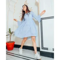 De Maison 2026 Tendance Vente Chaude Hawaïenne Été Rayée Écologique Coton Bleu Mini Manches Cloche Silhouette Droite Numérique