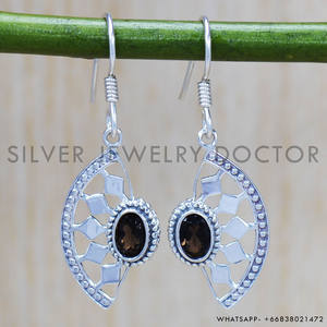 Bisel de corte ovalado de alta calidad, piedras preciosas de cuarzo ahumado, pendientes reales de Plata de Ley 925, joyería fina de plata al por mayor a granel - Product Image 2