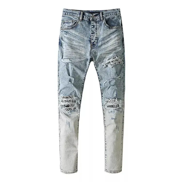 Jean déchiré Super moulant pour homme, coupe à bottes empilées, pantalon endommagé, jambes droites, Jeans Stretch à rayures