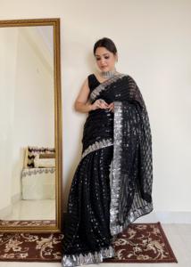 Diseñador de boutique indio elegante nupcial Saree suave Georgette tela bordado de moda incluye blusa étnica para fiestas de invierno - Product Image 3