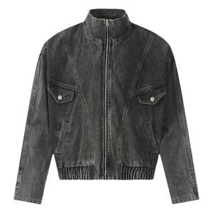 แจ็กเก็ตยีนส์เคลือบกระดุมสำหรับผู้ชายเสื้อแจ็คเก็ตผ้าฝ้ายสีดำแขนยาวระบายอากาศกันลมมีตัวอักษรคลาสสิก - Product Image 1
