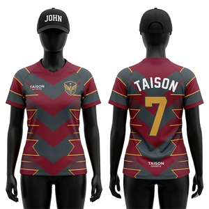 Maillot de rugby pour femme en polyester respirant 180 GSM, bleu et or avec empiècements contrastants, logo personnalisé par transfert thermique - Product Image 5
