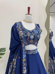 Meilleure vente Nevy Blue Designer indien traditionnel Chinon soie broderie Lehenga Choli Dupatta pour la tenue de mariage de fête d'été - Product Image 6
