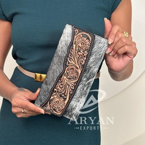 Cartera plegable de cuero con herramientas para mujer, Cartera de cuero cosida a mano de piel de vaca auténtica, cartera para tarjetas de crédito, cartera occidental con pelo oculto - Product Image 1